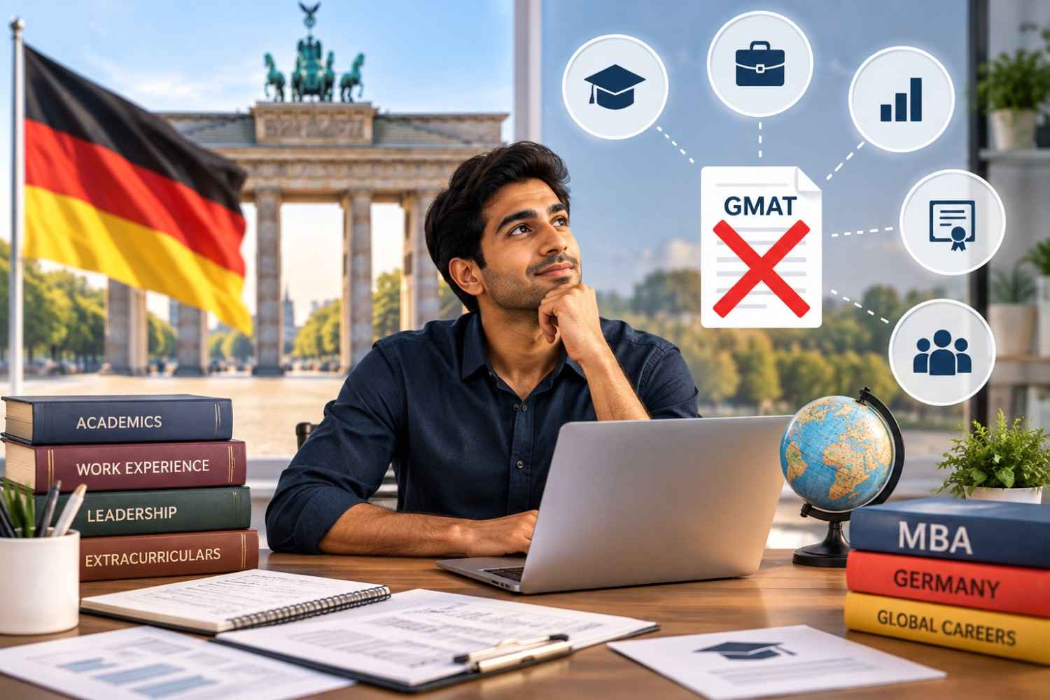 Indian applicant planning an MBA in Germany without GMAT with study documents, laptop, passport, graduation cap, Indian and German flags, and Berlin landmarks in the background.